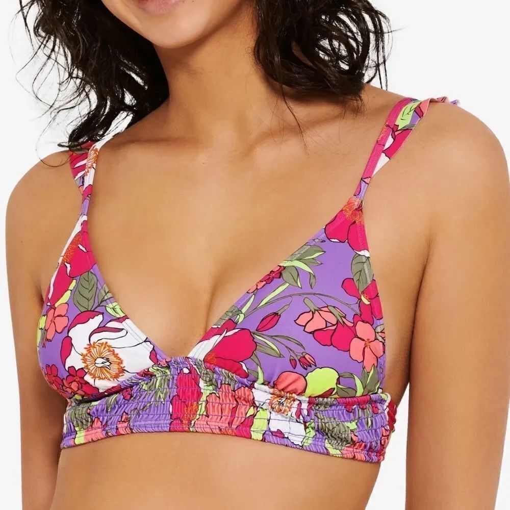 Hula Honey Purple Multi Juniors' Impressionist Bloom Bikini Swim Top Medium NWT